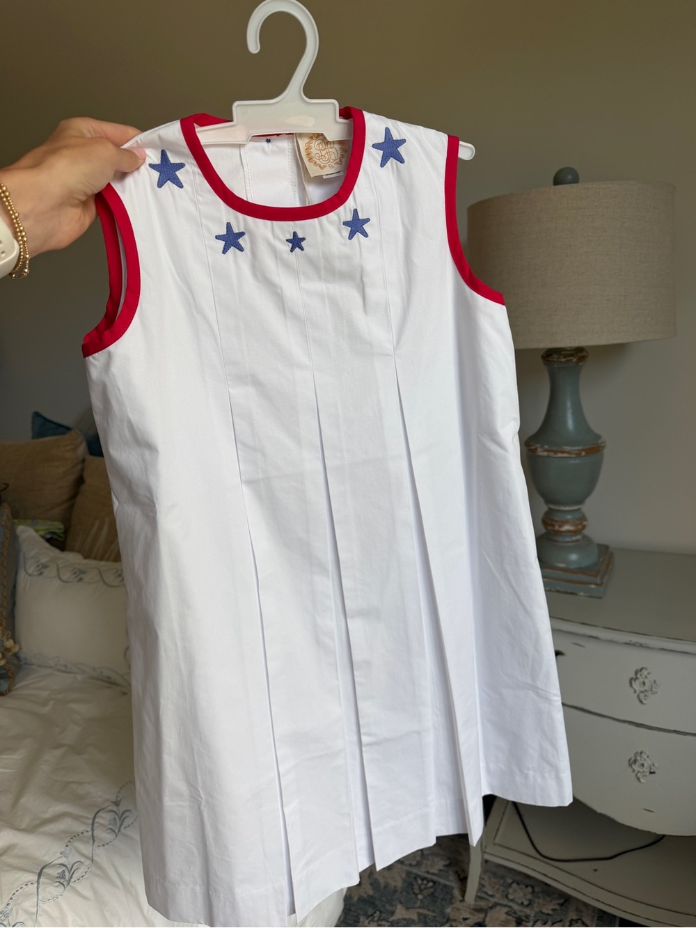 The Beaufort Bonnet Girls White Sleeveless Pleated Dress with Red and Blue